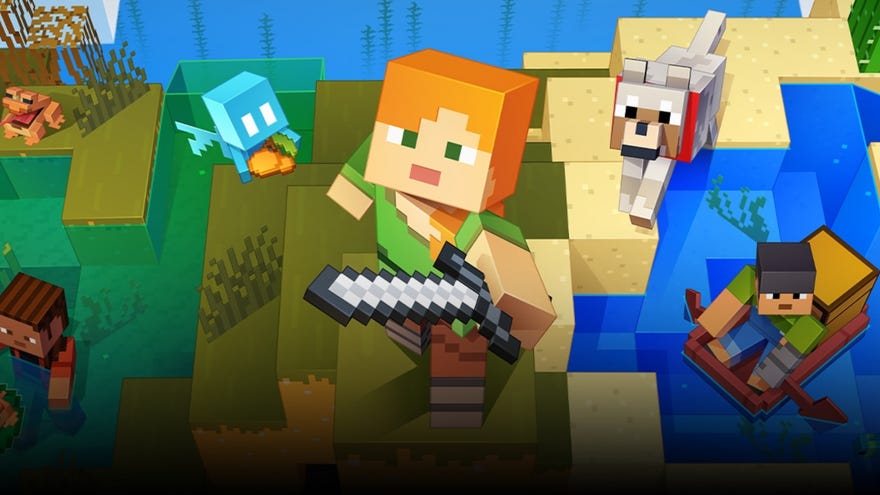 אמנות קידום מכירות עבור Minecraft: The Wild Update, הכולל שחקן שמחזיק חרב עד המצלמה, מוקף בשכבה, כלב ושחקן נוסף בסירה