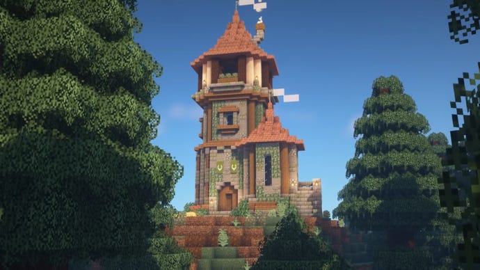 Wizard Tower ที่ล้อมรอบด้วยต้นไม้ใน Minecraft