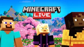 A piece of art for the Minecraft Live 2023 event, showing three characters against a pink forest backdrop.