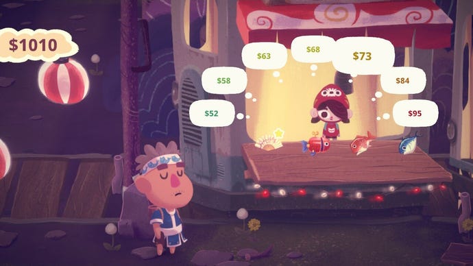 A man approaches a market stall run by a young girl in Mineko's Night Market