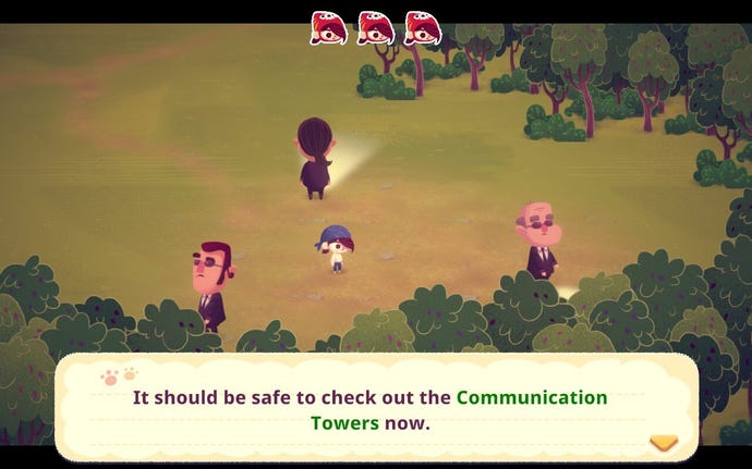 A young girl stands in the middle of three agents with torches in Mineko's Night Market