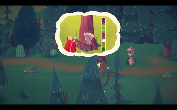 A mini-game to chop a tree in Mineko's Night Market