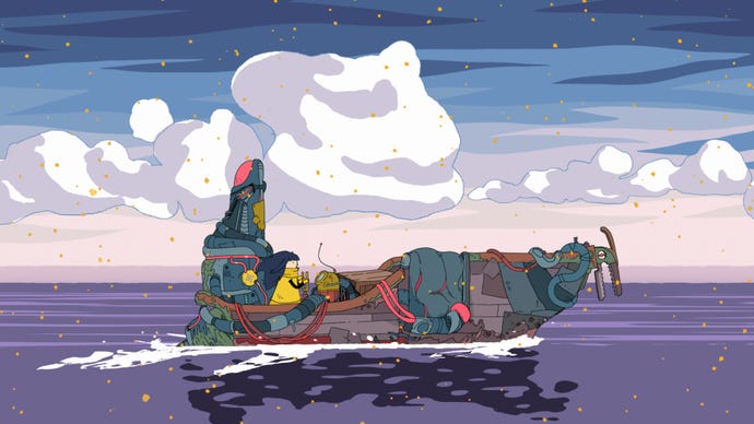 A young girl steers a mechanical-looking boat across the sea through clouds of spores in Minute Of Islands