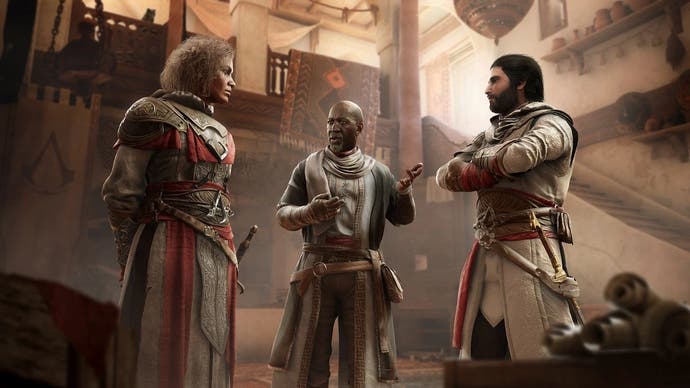 Tres personajes conversan en Assassin's Creed Mirage.