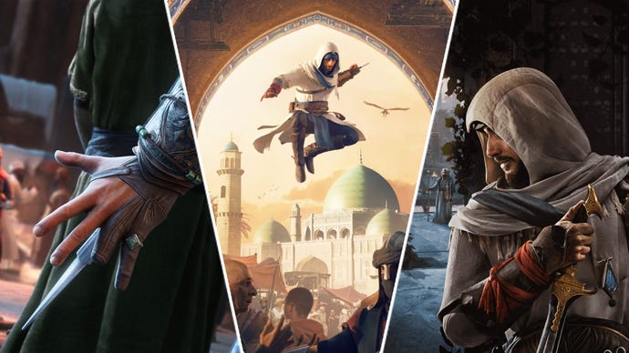 A triple-split image, featuring Basim from Assassin's Creed. One image is him leaping in the air, another sees him skulk in the shadows, and a final focuses on his missing ring finger and hidden blade.