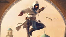 Assassin's Creed Mirage's main character Basim leaps from above, arm raised in attack.