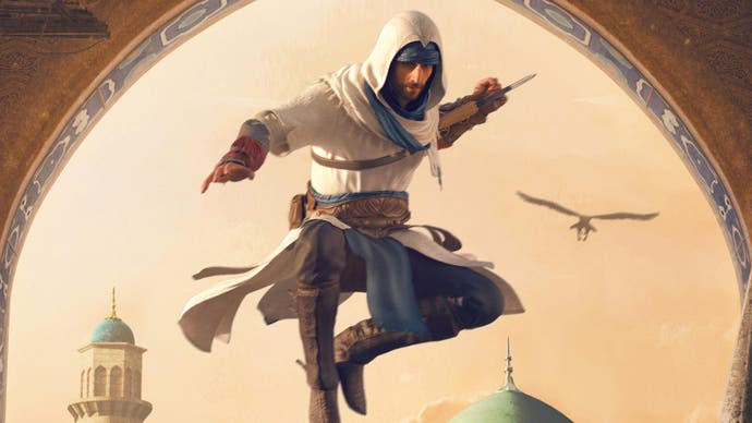 Assassin's Creed Mirage's main character Basim leaps from above, arm raised in attack.