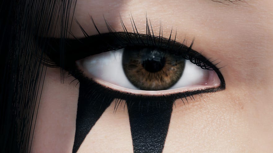 Someone's eye - outlined with very distinctive eyeliner - close-up in Mirror's Edge Catalyst