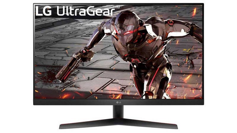 the lg 32GN600-B is a large 32-in monitor with 1440p resolution and 165hz refresh rate, plus a cool robot on it