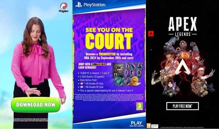 Three mobile ads for Playtika Bingo Blitz, NBA 2K24 on PlayStation, and Apex Legends. Each has fine print disclosures about in-game purchases and loot boxes