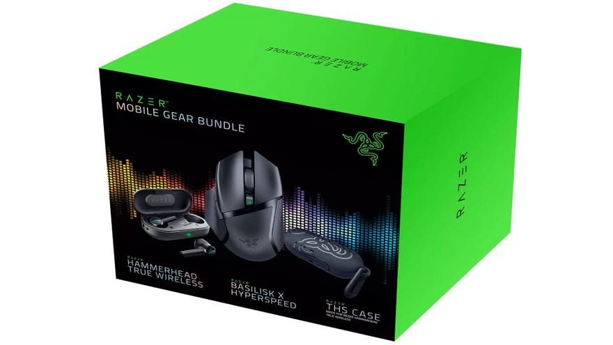 a photo of the razer mobile gear bundle with hammerhead true wireless headset and basilisk x hyperspeed mouse