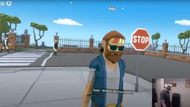 An image showing an NPC from the VR game creation sandbox Modbox. In the corner is a developer wearing VR goggles. Text at the bottom of the screen reads, "Said: Where do you work?"