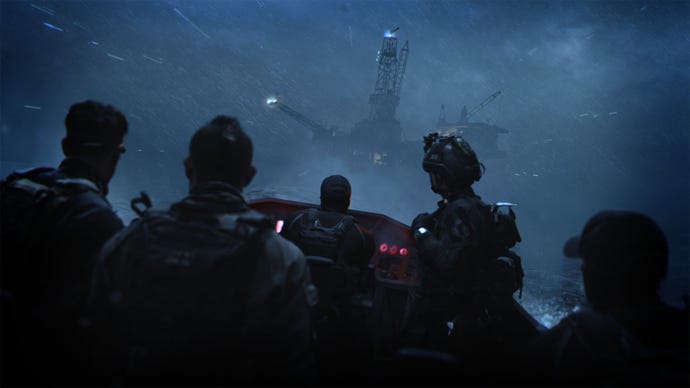 現代戰爭2中的一小隊通過晚上通過快艇接近石油鑽機。