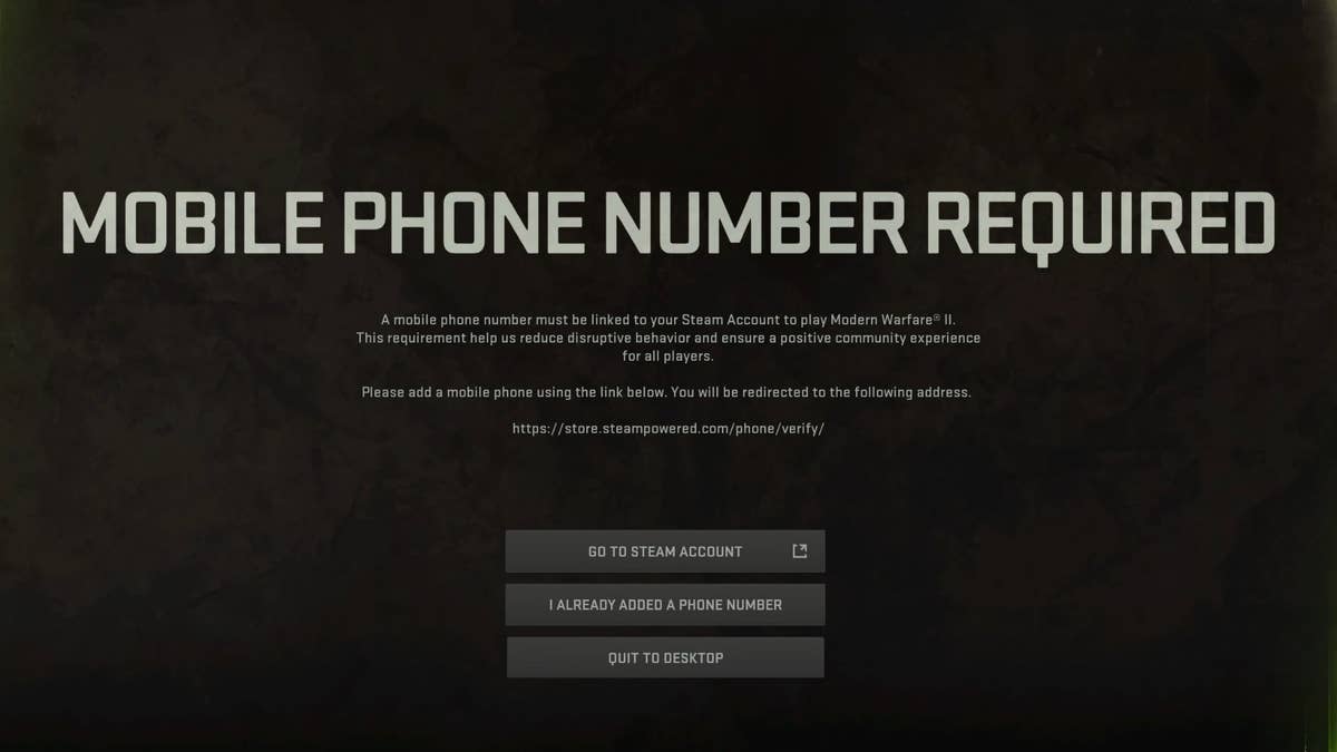 Warzone 2 and Modern Warfare 2 Steam phone number bug fix