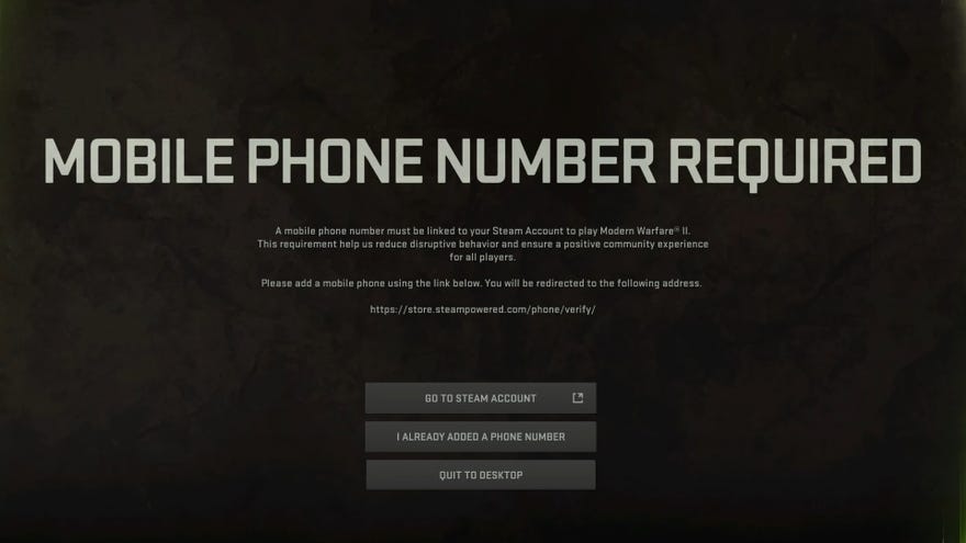 A black screen in Modern Warfare 2 with text asking the player to verify their mobile phone number on Steam.