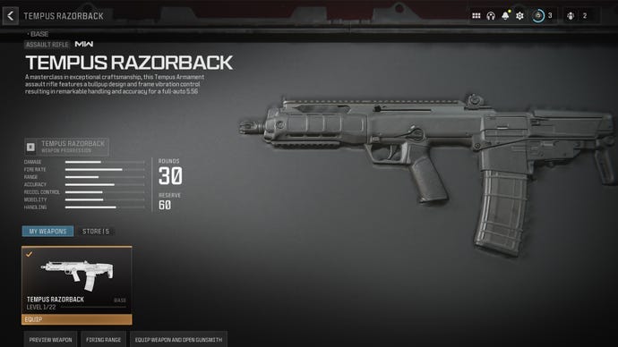 Screenshot of the Tempus Razorback starting stats in Modern Warfare 3