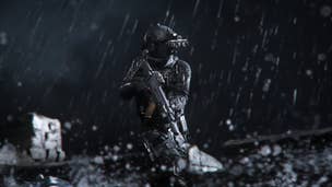 An agent is crouching while holding a gun in the rain in MW3
