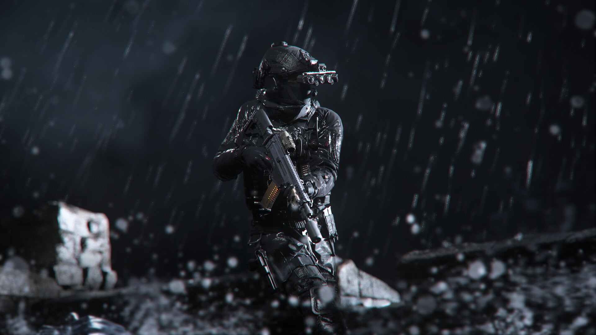Un operativo con un arma silenciada y gafas de visión nocturna en Call of Duty Modern Warfare 3.