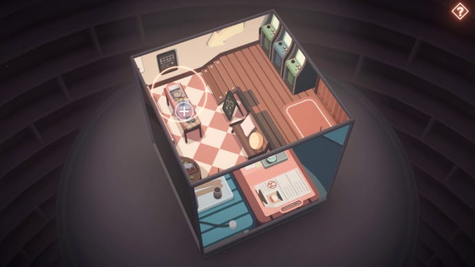 A cube puzzle showing a room with several fairground amusements inside it in Moncage