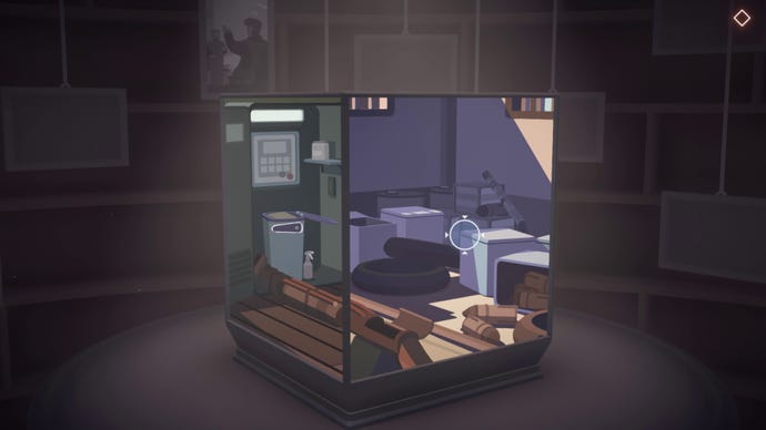 A cube puzzle showing a gun made out of fallen brooms and rods in Moncage
