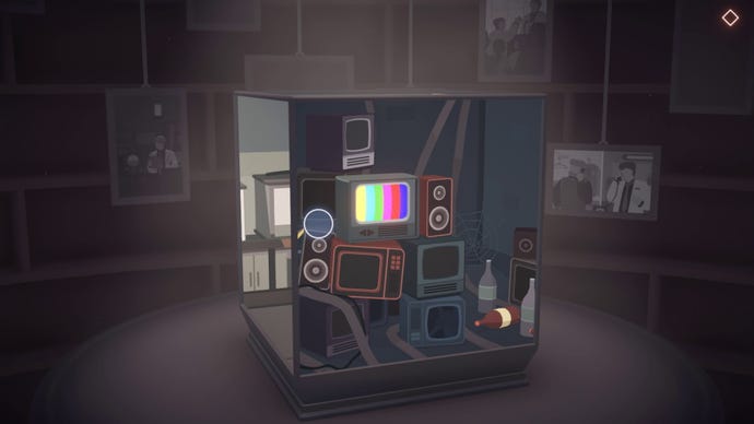 A cube puzzle showing a mountain of TVs in Moncage