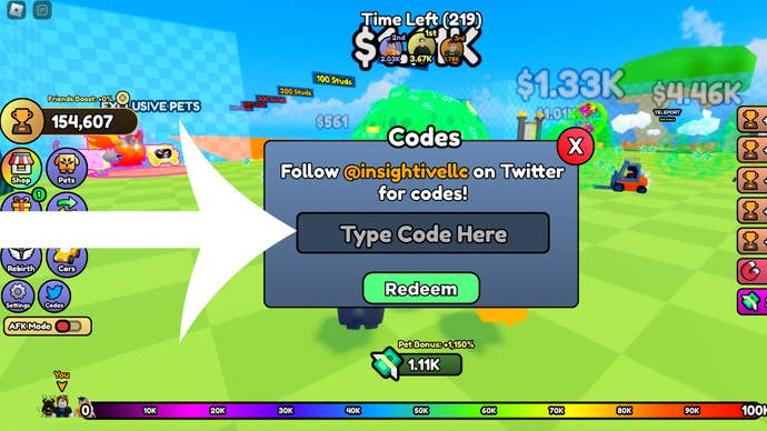 Arrow pointing at the Codes menu in the Roblox game Money Race.