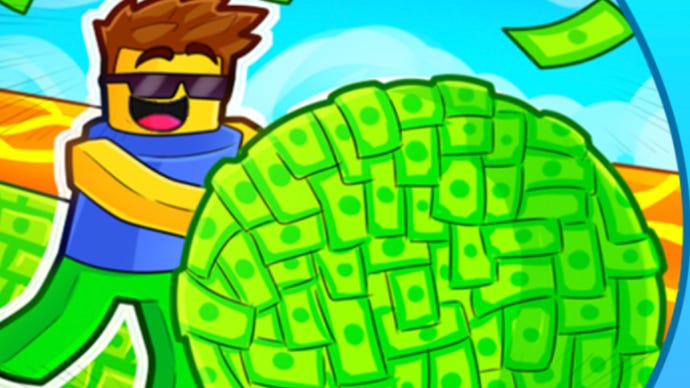 Artwork for Roblox game Money race showing a cartoon character rolling a huge ball of cash across lava.