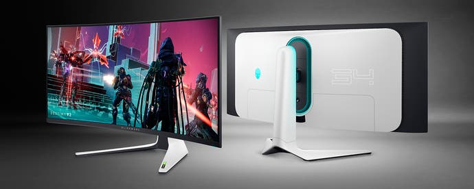 a dell alienware aw3423dw qd-oled ultra-wide monitor, showing the curved chassis with RGB lighting and futuristic plastic stand