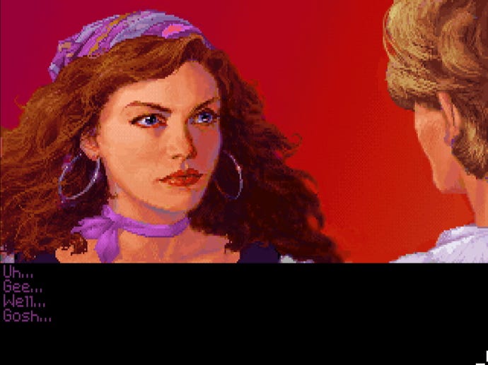 A red-haired woman stares intensely at a blond man in The Secret Of Monkey Island