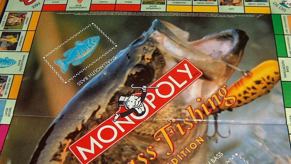 The board for Monopoly: Bass Fishing Edition.
