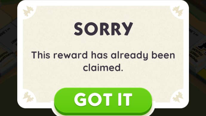 An error message that appears in Monopoly Go saying a reward cannot be claimed.