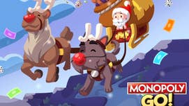 Christmas themed artwork for Monopoly Go showing the Monopoly icon dressed as Santa Claus riding a flying sleigh with reindeer.