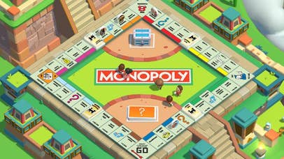 A screenshot of Monopoly Go showing the classic Monopoly board game layout in a stylized mountaintop temple setting