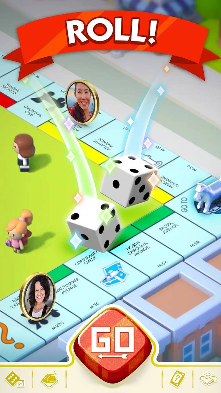 Promotional screen of Monopoly Go showing 3D dice rolling in front of the classic Monopoly board at the "Go to Jail" corner. There are two player pieces showing pictures of faces in an oval making their way around the board.