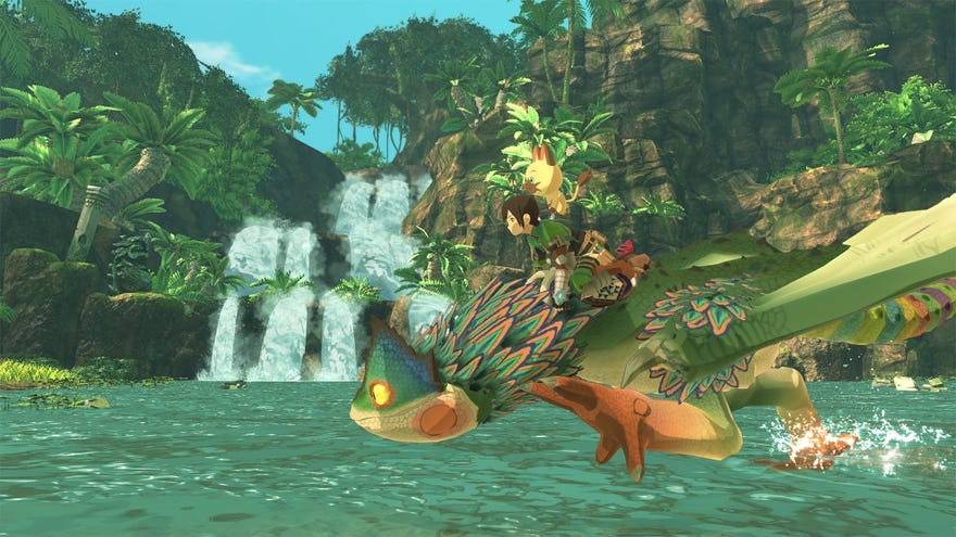 Monster Hunter Stories 2 - A player character rides on the back of a Pukei-Pukei in front of a waterfall while a feline character rides on the player's shoulder.