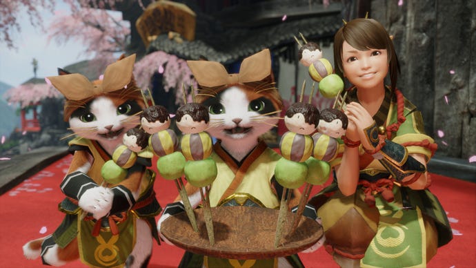 Three cat-like Palicos and a young girl hold out a plate of Bunny Dango in Monster Hunter Rise