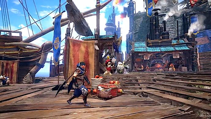 A hunter walks along a wooden deck in the Elgado outpost, while a ship floats behind him and a Palico holds letters