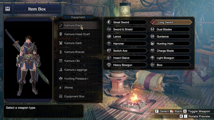 The Monster Hunter Rise item box, open to the starter weapon selection.