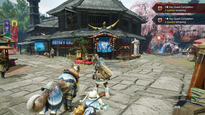 A hunter stands in the Steelworks area of Kamura Village in Monster Hunter Rise