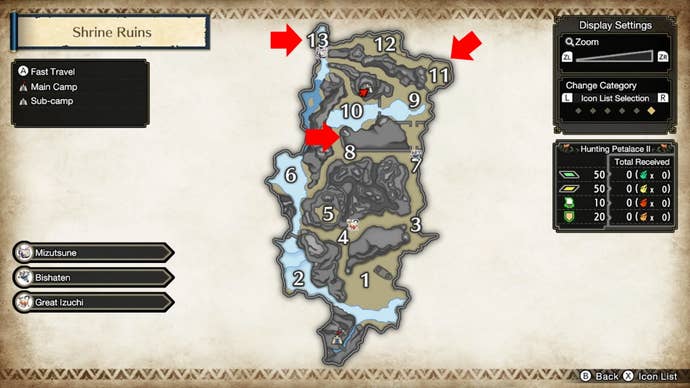 A map of Monster Hunter Rise's Shrine Ruins, showing where to find Kelbi