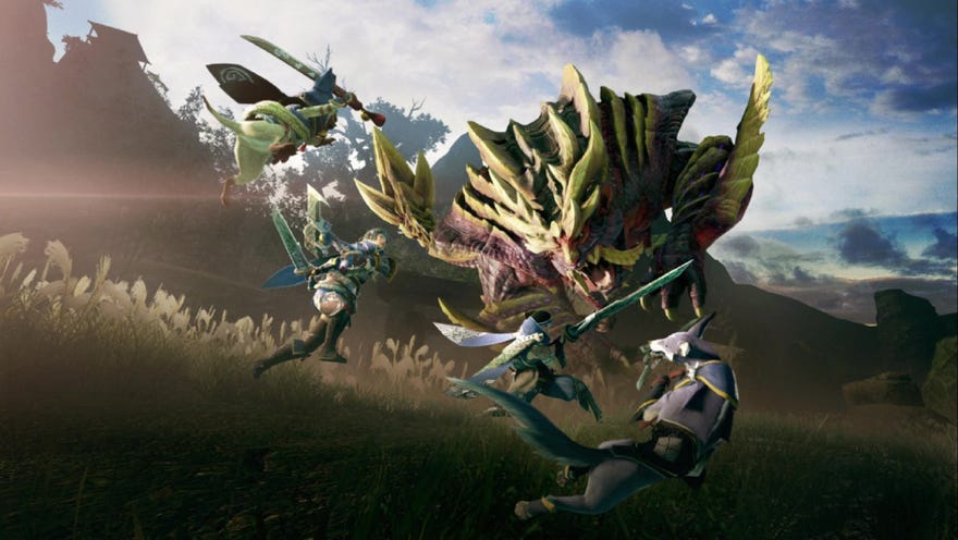 An expanded image of the main loading screen image from Monster Hunter Rise, showing a party of two human hunters, a Palico, and a Palamute battling against a huge lizard-like monster.