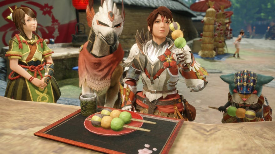 A screenshot of a hunter eating a plate of bunny dango next to her dog-like Palamute and cat-like Palico in Monster Hunter Rise