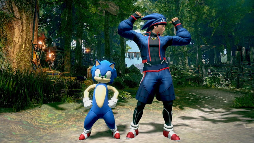 Sonic the Hedgehog crossover outfits in a Monster Hunter Rise screenshot.