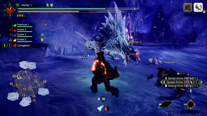Two hunters battle Lunagaron, a large ice wolf, in a frozen cave in Monster Hunter Rise: Sunbreak