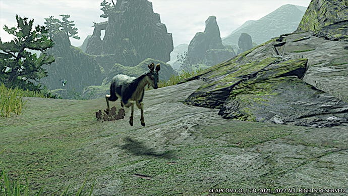 A Kelbi leaps across the ground in Monster Hunter Rise's Shrine Ruins