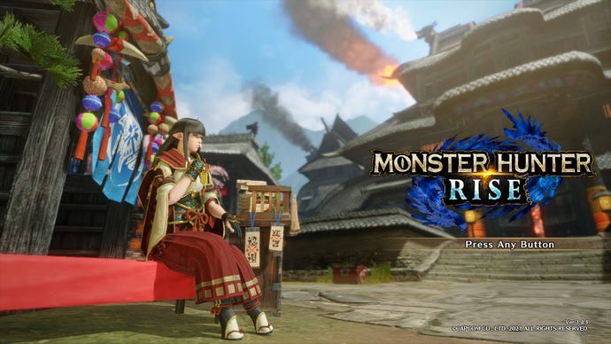 A sitting woman sings on the start screen for Monster Hunter Rise.