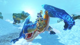 A boy rides a blue dragon in an icy scene in Monster Hunter Stories 2: Wings Of Ruin