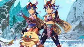 The rider of Monster Hunter Stories 2 and Navirou standing in front of an icy background