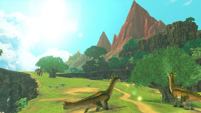 An image from Monster Hunter Stories 2 which shows off an open, grassy area, with some diplodocus-lloking monsters grazing on trees.