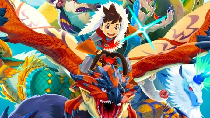 Illustrated artwork for Monster Hunter Stories showing the player character riding atop a red Rathalos.
